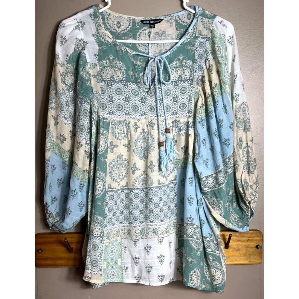 Patchwork Boho Top Aqua Gauze Balloon Sleeves Ethereal Cottage Fairy Coastal S - Picture 3 of 9